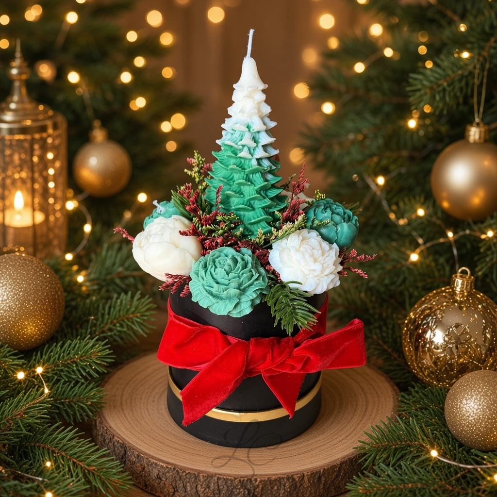 Magia do Natal Iluminada – composição floral com vela e laço vermelho